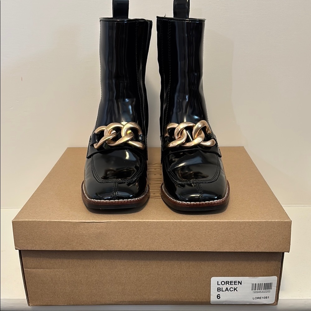 Steve Madden Loreen Patent Square toe Black Boots with Gold Chain Detail